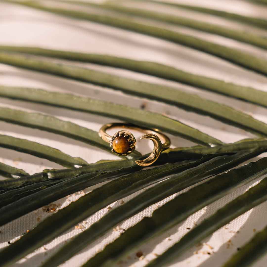 In diesem Bild sieht man den Tigerauge Ring in Gold auf einem Palmenblatt liegen.